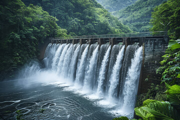 A large waterfall is flowing into a river