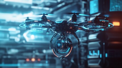 A futuristic drone hovers in a high-tech environment, featuring glowing blue accents and advanced technology, showcasing innovation and design.