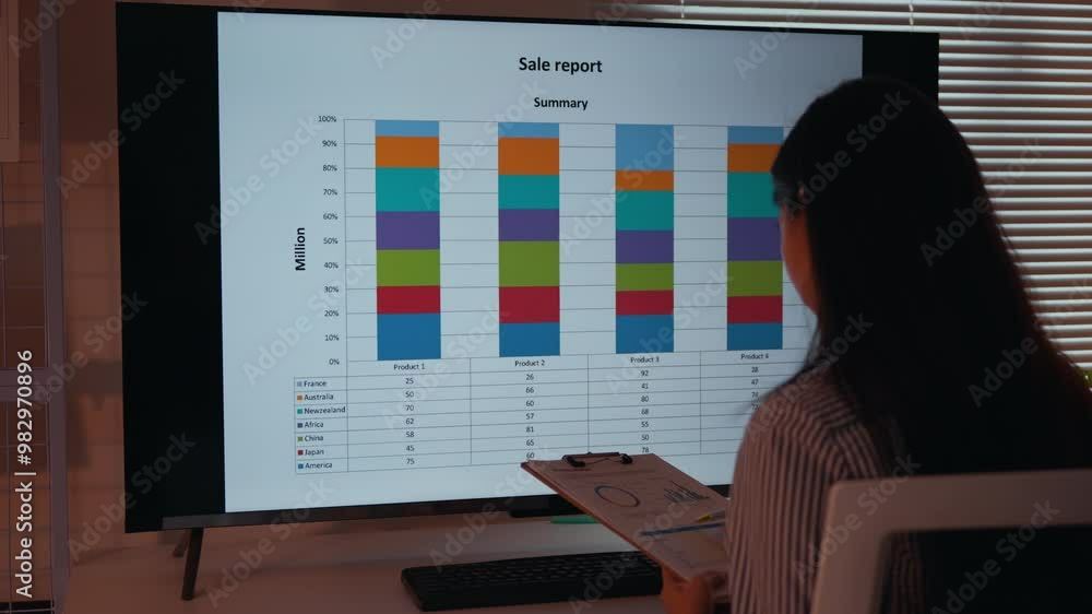 Poster Businesswoman is analyzing a sales report displayed on a large screen. She is holding a clipboard and using a pen to point at the data