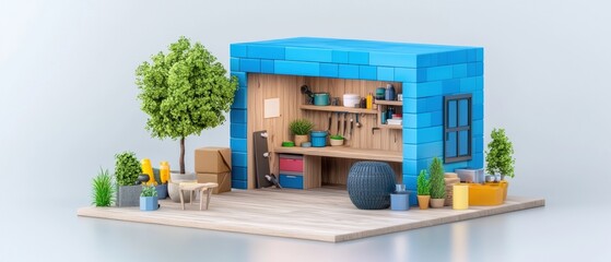 Colorful Garden Shed with Plants and Tools