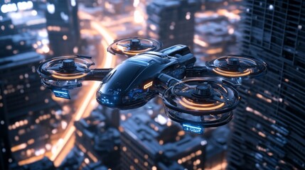 A futuristic drone hovers above a city skyline at night, illuminated by vibrant lights, showcasing advanced technology in an urban environment.