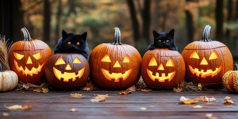 Fototapeta premium Carved pumpkins glow warmly while black cats lounge peacefully on a porch in autumn