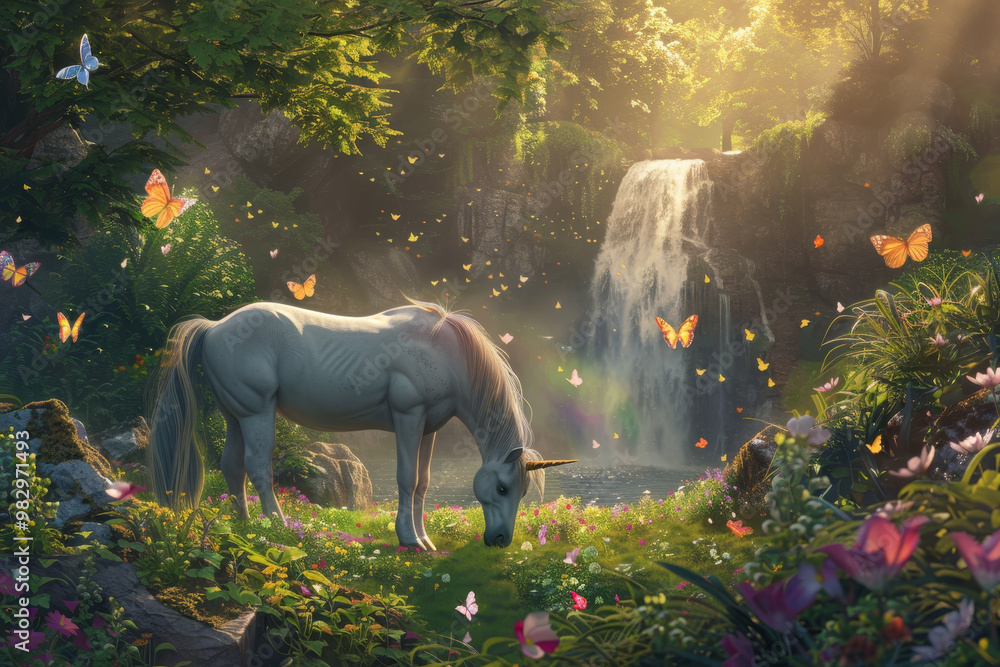 Poster a unicorn is grazing in a lush green field with a waterfall in the background