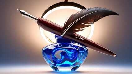 Top View of Quill Pen with Glass Ink Bottle, Vintage Writing Instruments