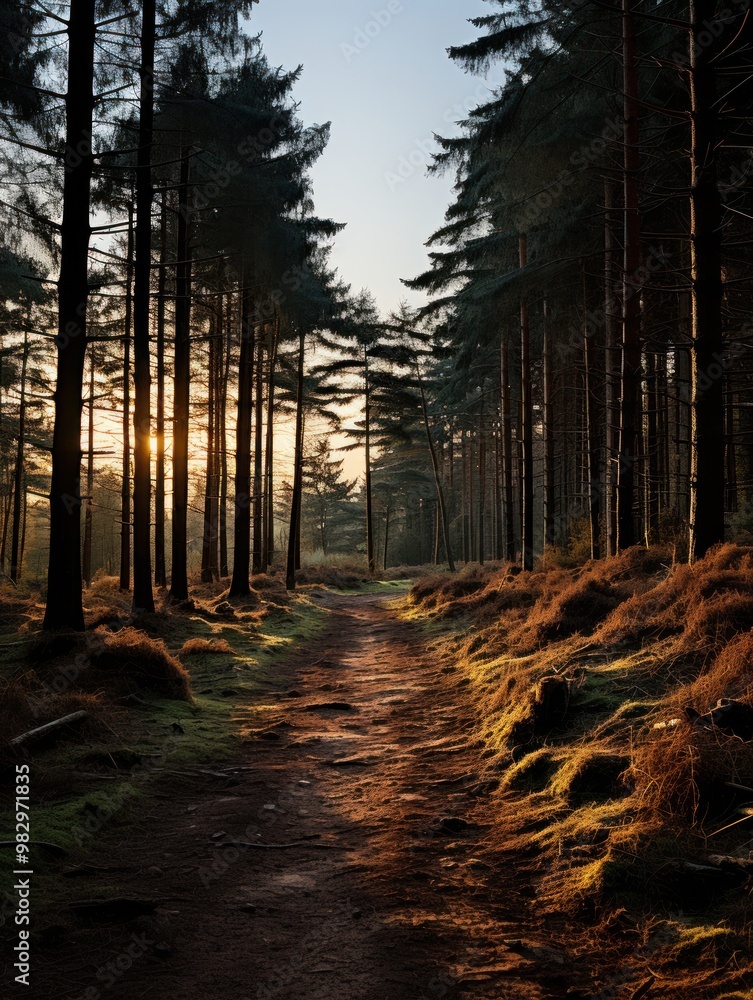 Poster sun rays filtering through tall trees in a serene forest path during early morning light