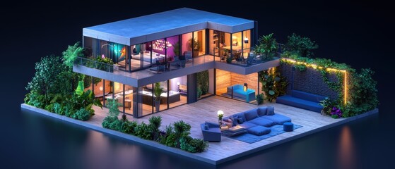 Modern Stylish House with Outdoor Patio at Night