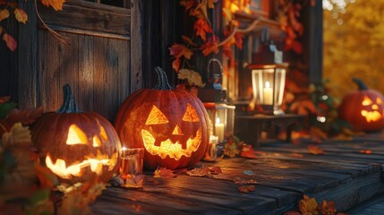Obraz premium enchanting halloween scene on a rustic wooden porch intricately carved pumpkins glow with warm candlelight surrounded by a tapestry of vibrant autumn leaves and antique lanterns