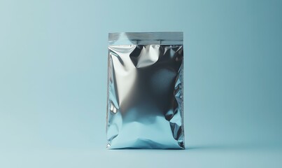 A silver foil pouch on a blue background.
