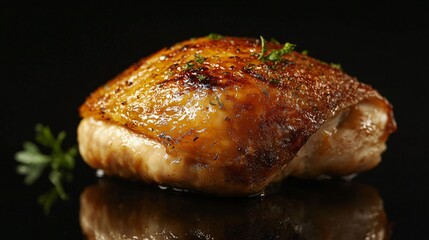 Juicy roast chicken thigh, skin crisped, isolated on a reflective surface