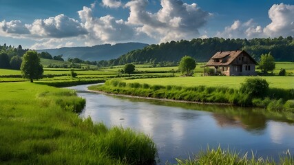 Fototapeta premium Riverbend in Tranquil Meadows