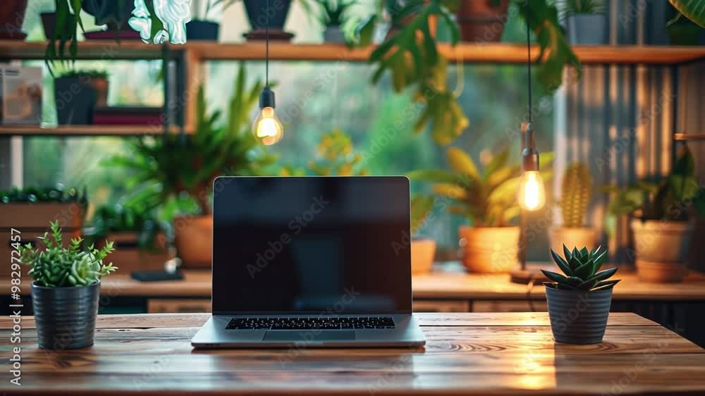 Poster a clean and inviting workspace showcases a laptop resting on a wooden table, surrounded by vibrant p