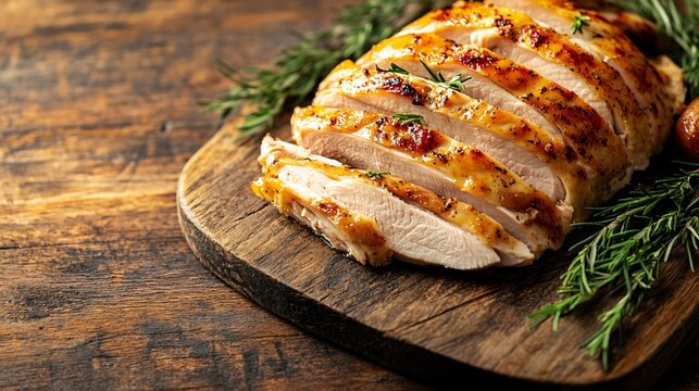 Juicy roast turkey breast slices, isolated on a wooden chopping board background
