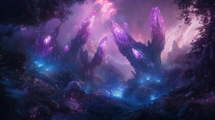 ethereal alien forest with bioluminescent flora and floating crystal formations swirling nebulalike mists and otherworldly creatures create a dreamlike pastelhued landscape