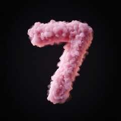3D number 7 with pink fluffy cloud texture realistic modern design, soft lighting, black background. 