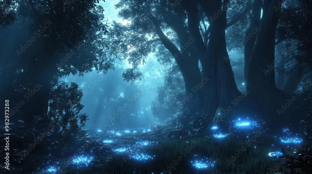 Poster ethereal forest scene with glowing bioluminescent fungi misty atmosphere soft moonlight filtering th