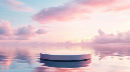 ethereal glass podium floating on a mirrorlike water surface reflecting a pastel sunset sky soft ripples and lens flares create a dreamy luxurious atmosphere perfect for product showcase