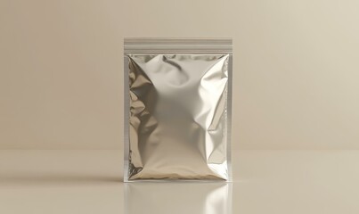 Silver foil pouch on a beige background.