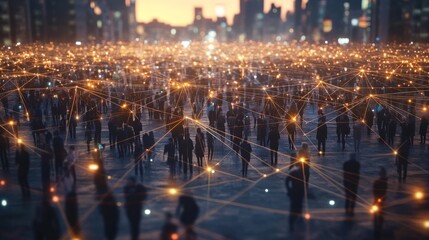 A digital artwork depicting a crowd connected by glowing lines, symbolizing social networks and connectivity in a futuristic cityscape.