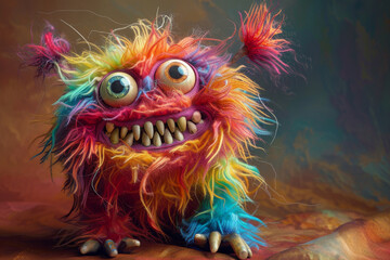 A colorful monster with a big smile and a mouth full of teeth