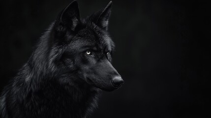 Fototapeta premium A dark wolf against a completely black backdrop.