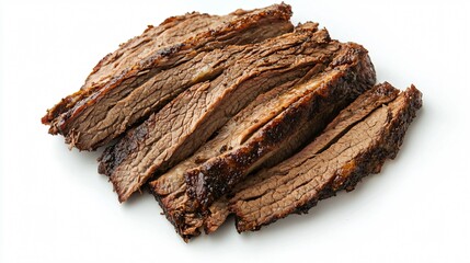Slow-cooked brisket slices, tender and smoky, on a flat white background