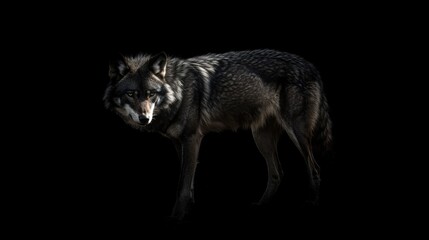 Fototapeta premium A dark wolf stands out against a black background.