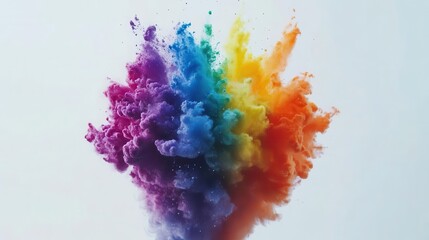 explosion of nanopigment particles forming a vibrant color spectrum captured in ultraslow motion against a stark white background