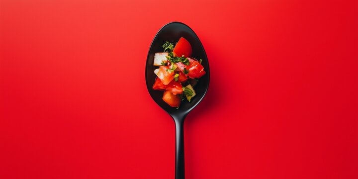 apetizer on a bleck fork isolated on red background