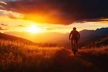 Obraz premium A silhouetted cyclist riding toward a stunning sunset over mountains, casting a warm glow on the serene landscape.