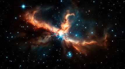 An image of a vibrant nebula with colorful interstellar clouds and bright stars in deep space. The nebula showcases shades of orange and blue with surrounding star clusters.