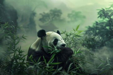 Peaceful panda in misty bamboo forest
