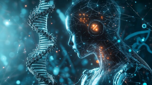 A futuristic representation of a human-like figure integrated with digital elements and DNA strands, symbolizing the fusion of technology and biology.