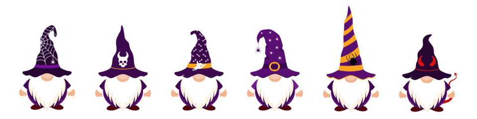 Cute halloween gnomes with creepy hat. Festive characters with cobwebs and skulls on their hats and demonic horns for designer witchcraft parties