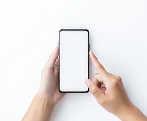 A person is holding a phone with a white screen and pointing at it