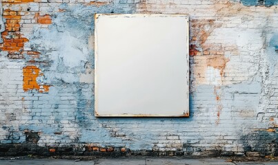Blank white sign on a weathered brick wall.