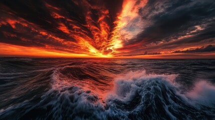 fiery sunset over turbulent ocean dramatic clouds swirling with smoky tendrils abstract patterns of red and black merging on horizon wide panoramic view