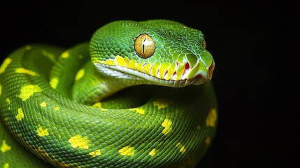 Fototapeta premium A green tree python, also known as Morelia viridis, is shown close up, ready to strike. The snake is isolated against a black background.