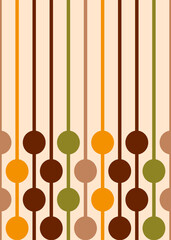 Retro 70s asymmetric hanging circles brown orange Vector Pattern. Midcentury modern style asymmetric retro circles seamless pattern in autumn colors: orange yellow, moss green, brown, cream.