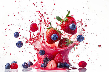 A splash of red and blue fruit juice with strawberries and blueberries