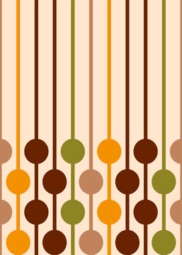 Retro 70s asymmetric hanging circles brown orange Vector Pattern. Midcentury modern style asymmetric retro circles seamless pattern in autumn colors: orange yellow, moss green, brown, cream.