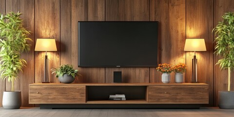 Modern Living Room Interior with Television on Wall Cabinet, Lamp, Table, Flower, and Plant