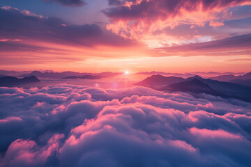 A beautiful sunset with pink clouds and mountains in the background