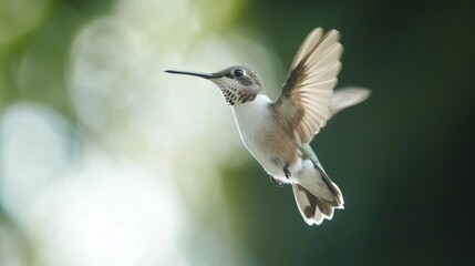 Obraz premium A hummingbird hovers in mid-air, its wings a blur against the soft, out-of-focus background.