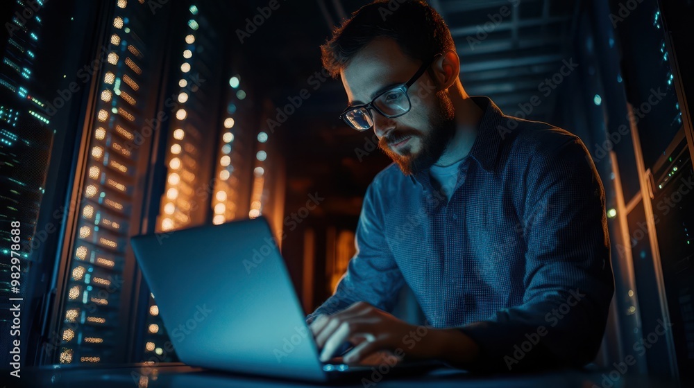 Aufkleber focused it administrator working on a laptop in a dimly lit server room surrounded by glowing rack c
