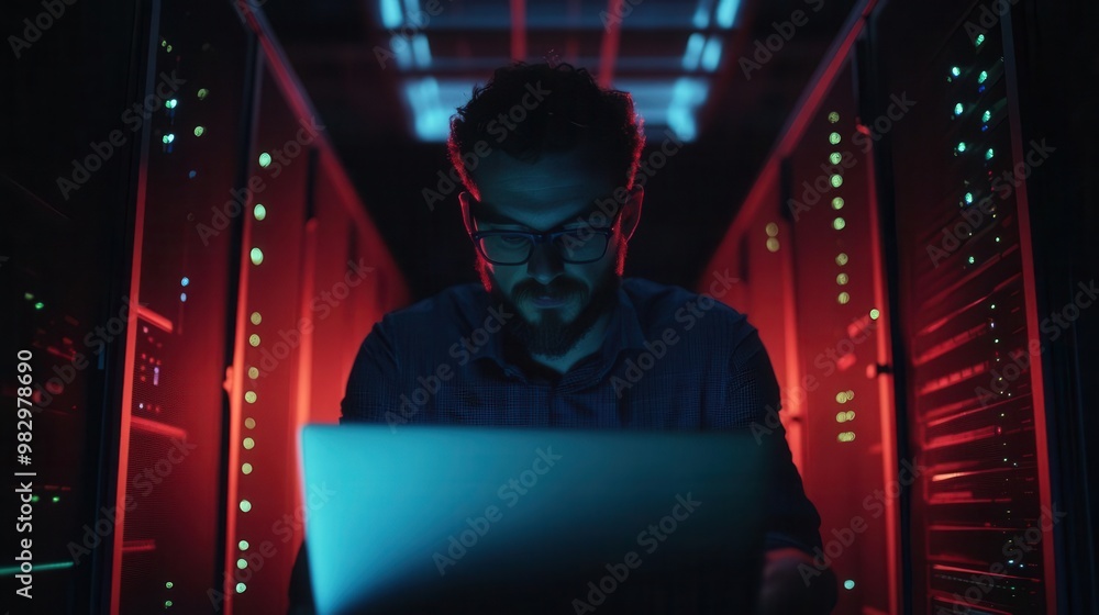 Aufkleber focused it administrator working on a laptop in a dimly lit server room surrounded by glowing rack c
