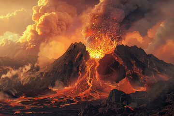 Fototapeta premium A volcano erupts with lava spewing out of it