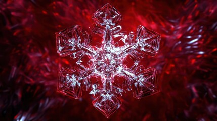 fractal snowflakes forming a threedimensional crystalline structure against a deep crimson background microrobots decorate the intricate ice formations with nanoled lights