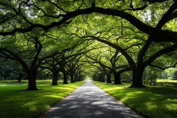 Obraz premium A winding path beneath ancient trees, with sunlight filtering through the leaves, creating a serene, shaded walkway
