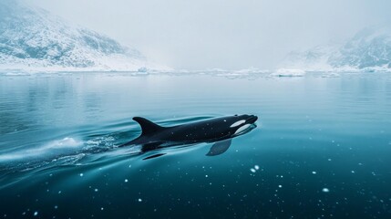 Fototapeta premium A killer whale swims in the icy waters near Tromso, Norway.