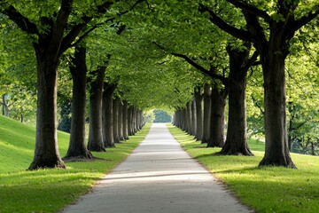 Fototapeta premium A winding path beneath ancient trees, with sunlight filtering through the leaves, creating a serene, shaded walkway